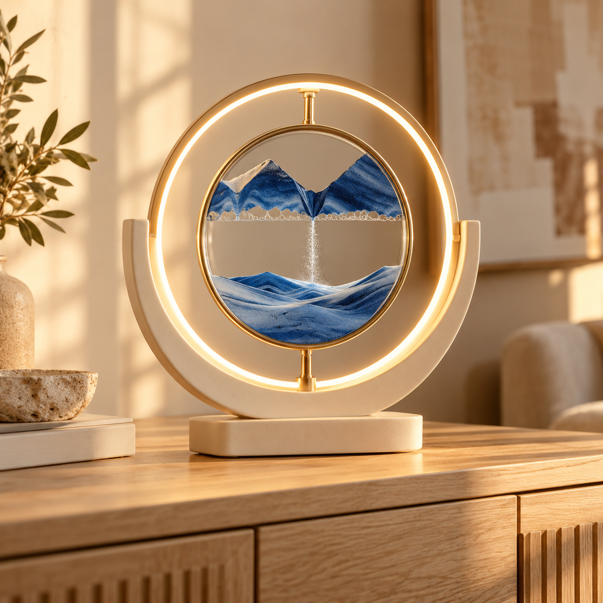 Lampă decorativă circulară cu lumină caldă și peisaj din nisip albastru.
