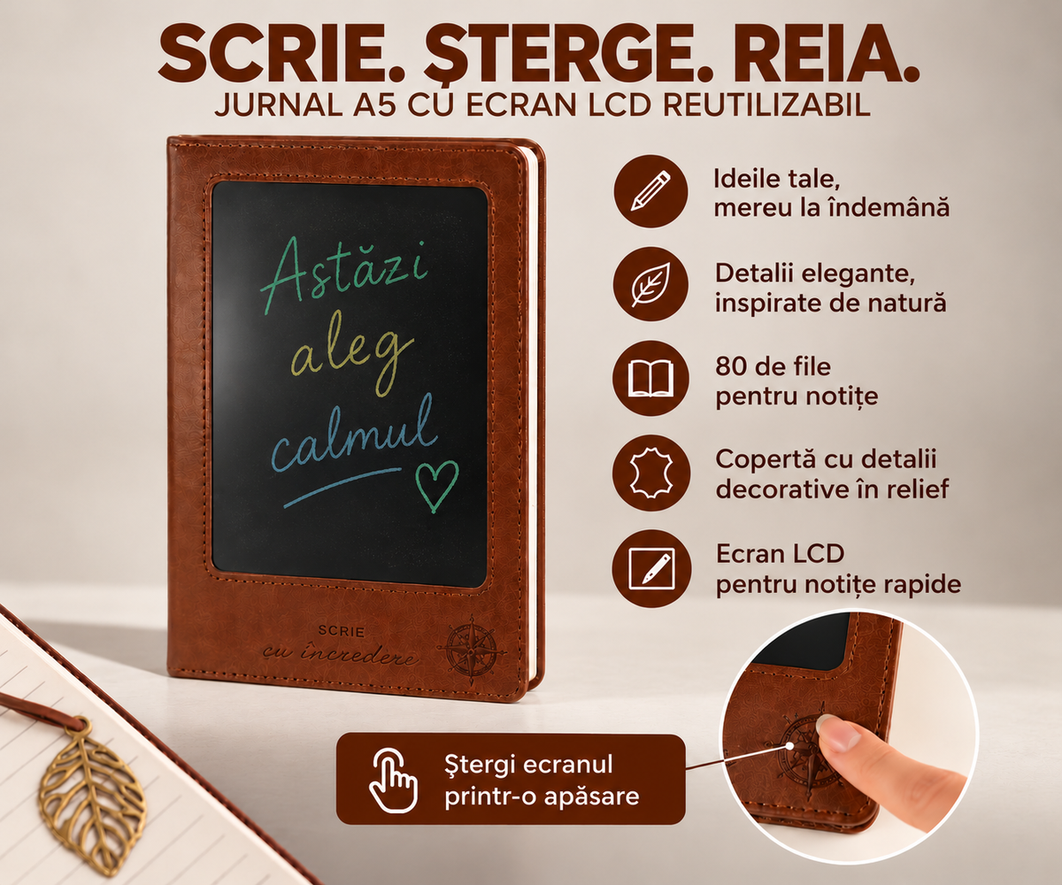 Jurnal A5 maro cu ecran LCD reutilizabil, mesaj colorat „Astăzi aleg calmul” și prezentarea funcțiilor